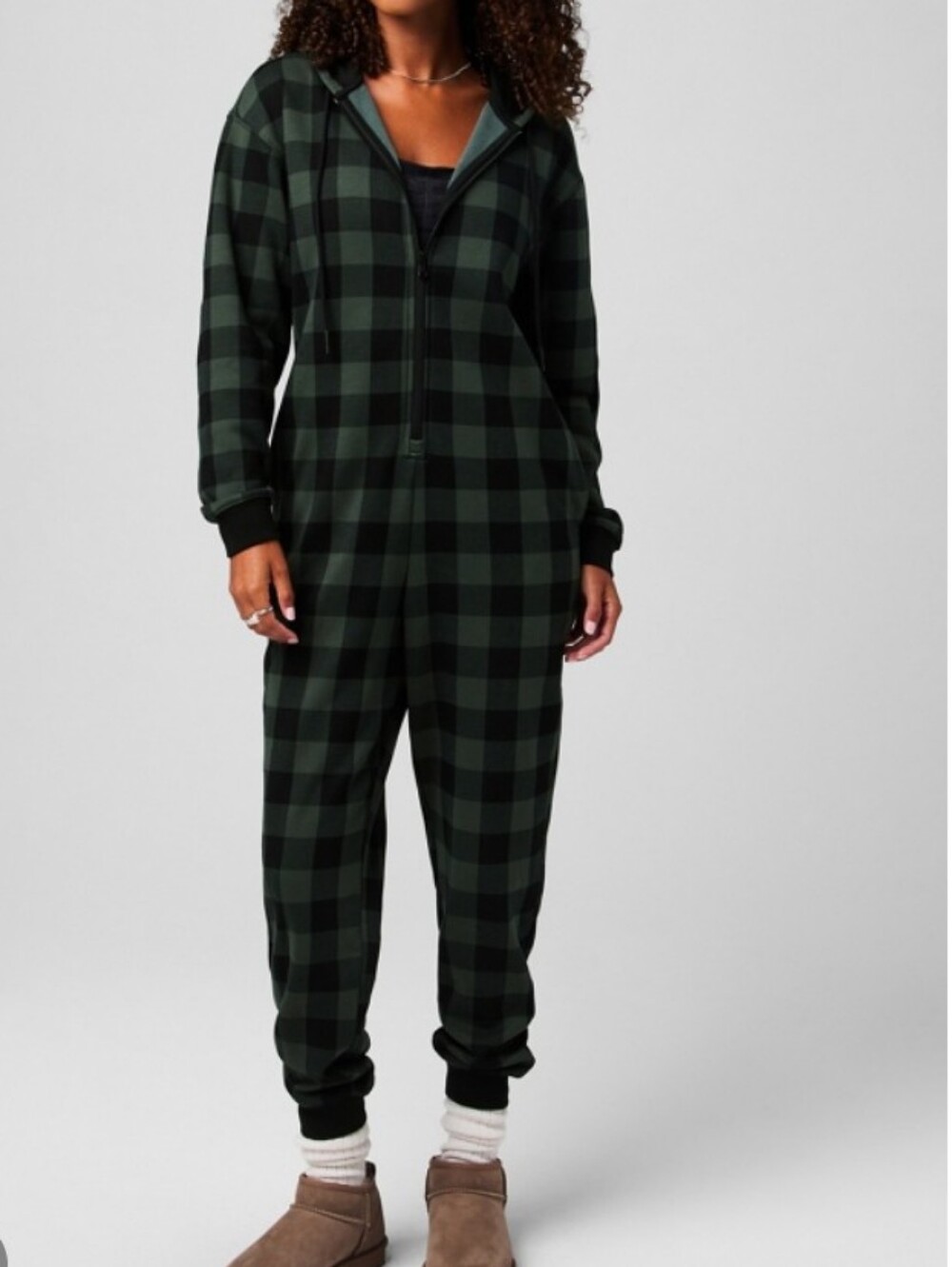 Fabletics Dark Green Plaid Hooded Onesie